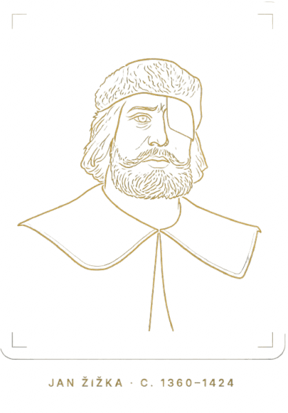 Gold line illustration of Jan Žižka, the blind Hussite commander, eyepatch over one eye
